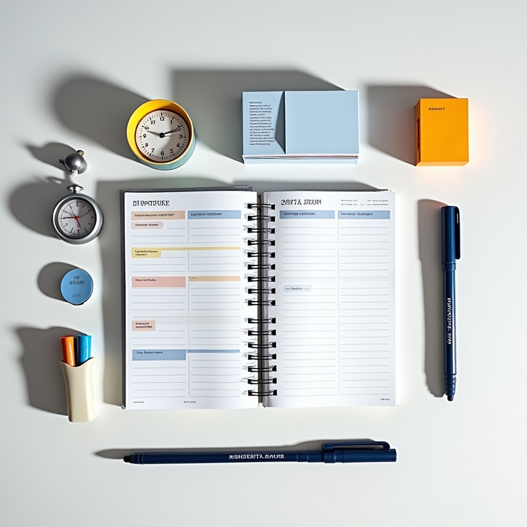 Neatly organized desk with color-coded planning tools, notebooks, and visual task management materials for ADHD productivity