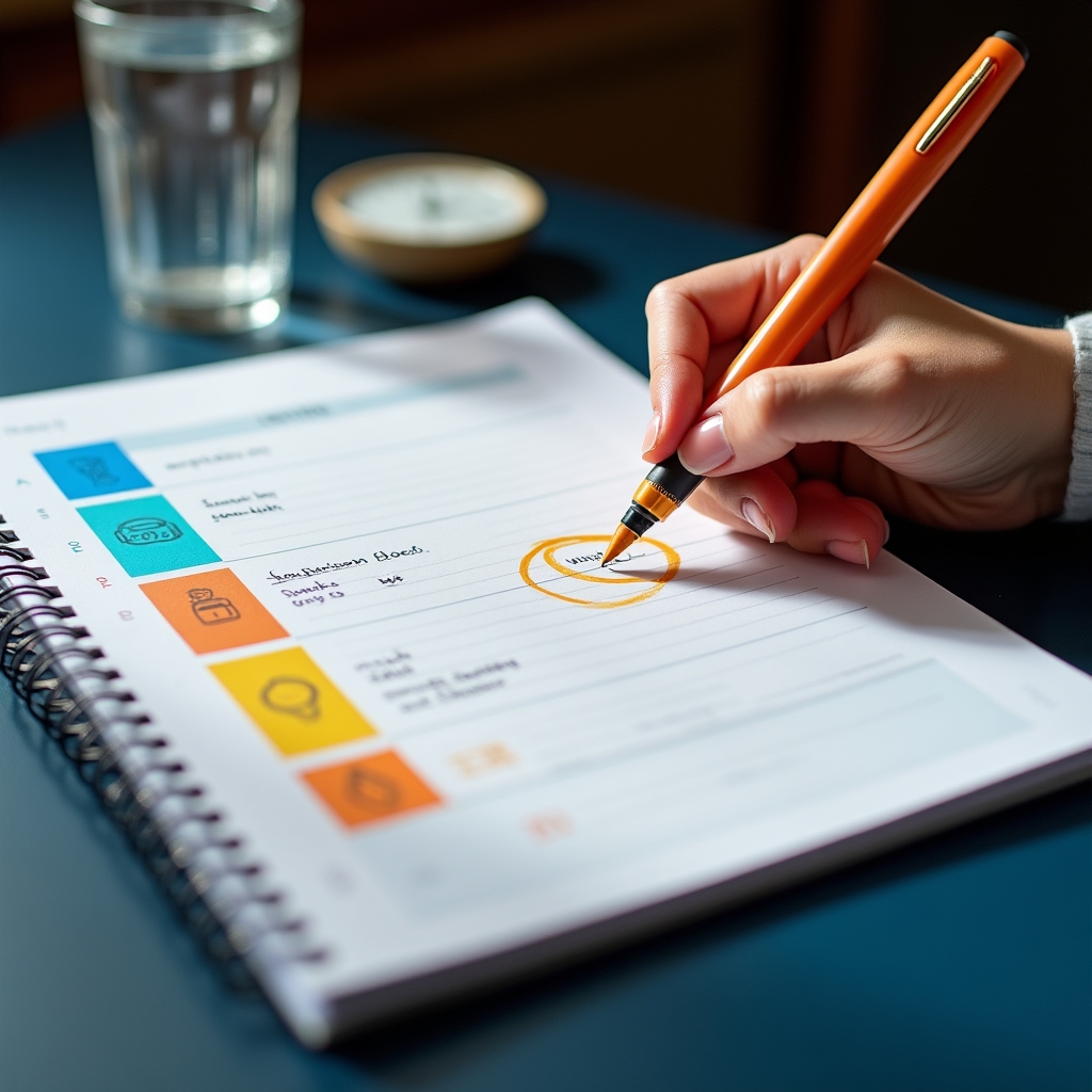 Young adult with ADHD reviewing a flexible daily planning sheet with color blocks and visual cues