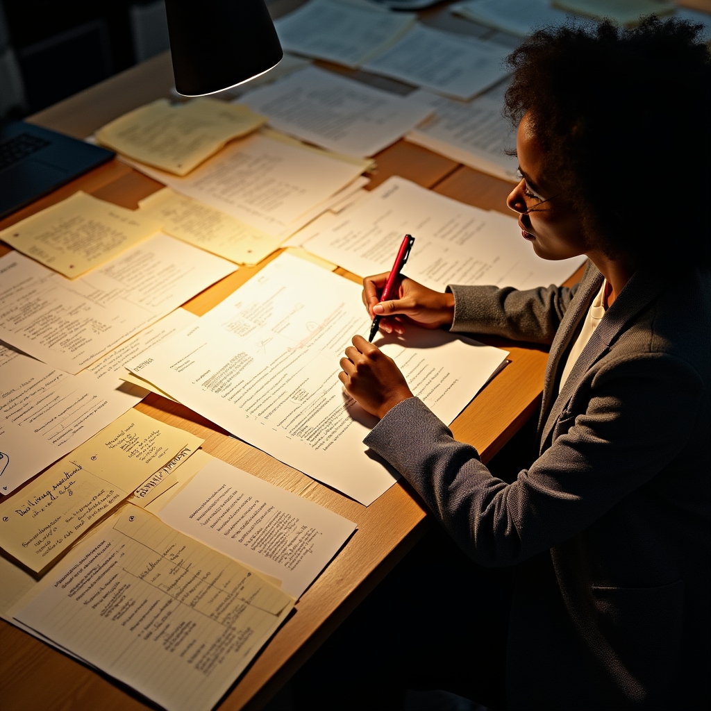 Research notes and structured workflow diagrams spread across a desk during program development