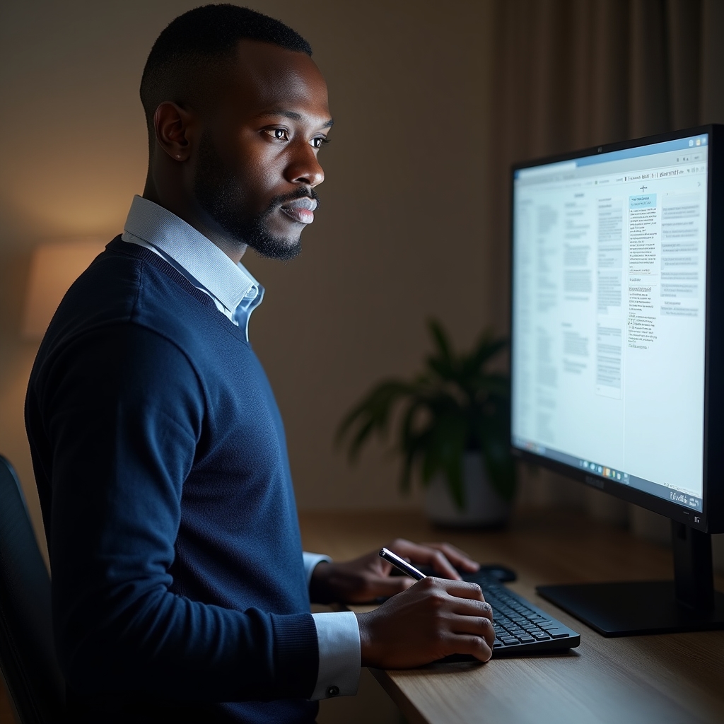 Content lead, a man in his late 20s working at a standing desk with structured notes visible on a monitor