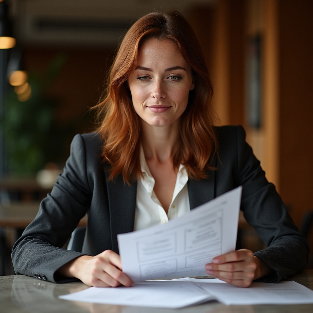 Program director, a woman in her early 30s reviewing workflow documentation in a professional setting