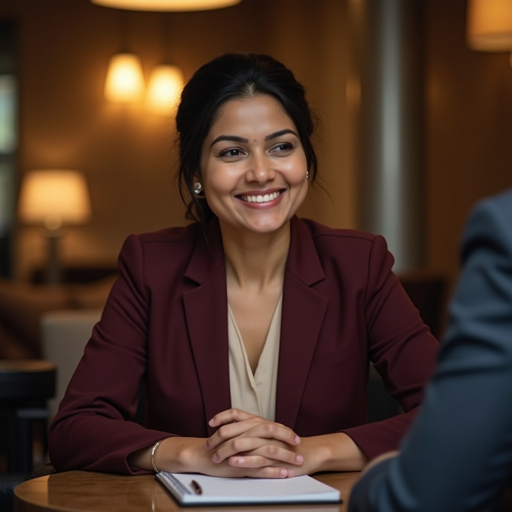 Support specialist, a woman in her early 30s in a consultation setting with notes and a calm attentive expression